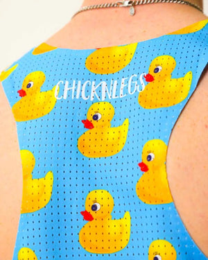 Back mesh detail view of men's ChicknLegs performance singlet with rubber duck print