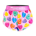 Women's ChicknLegs 1.5" split running shorts in candy hearts print