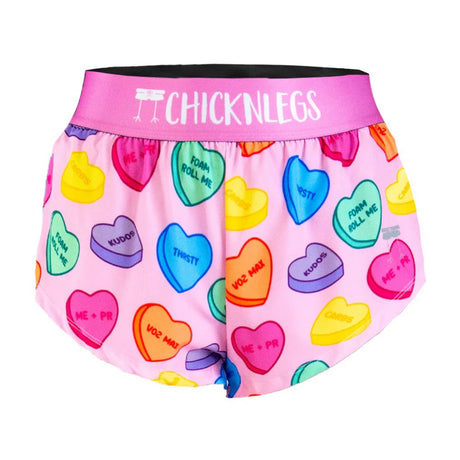 Women's ChicknLegs 1.5" split running shorts in candy hearts print