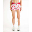 Front on-model view of women's cherry print Chicknlegs compression shorts