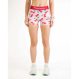 Front on-model view of women's cherry print Chicknlegs compression shorts