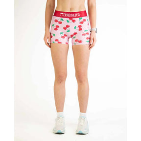 Front on-model view of women's cherry print Chicknlegs compression shorts