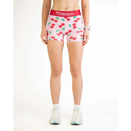 Front on-model view of women's cherry print Chicknlegs compression shorts