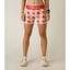 Front on-model view of women's strawberry print Chicknlegs compression shorts