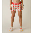 Front on-model view of women's strawberry print Chicknlegs compression shorts