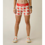 Front on-model view of women's strawberry print Chicknlegs compression shorts