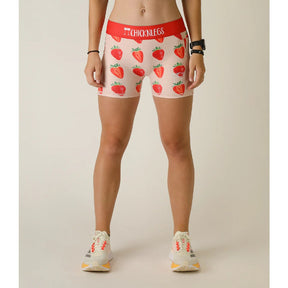 Front on-model view of women's strawberry print Chicknlegs compression shorts