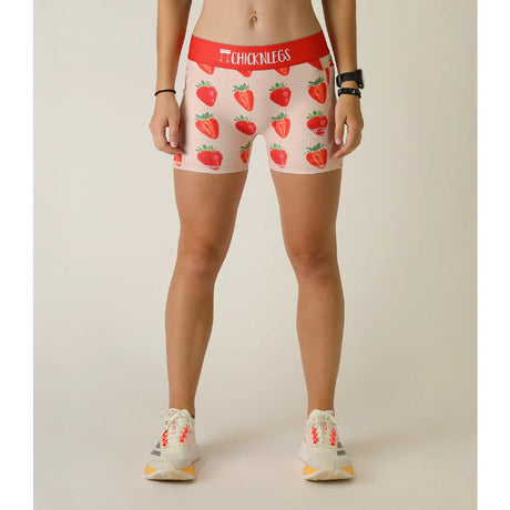 Front on-model view of women's strawberry print Chicknlegs compression shorts