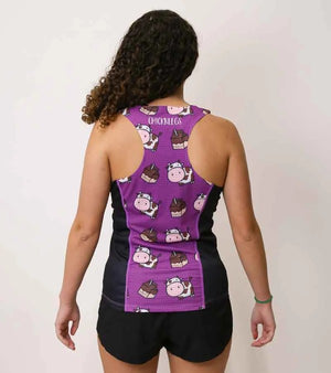 Back on-model view of women's ChicknLegs performance singlet with choccy cows print