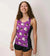 Front on-model view of women's ChicknLegs performance singlet with choccy cows print