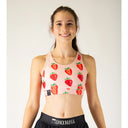 Front view of ChicknLegs OG sports bra in strawberry print