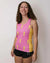Front on-model view of women's ChicknLegs performance singlet with pink/lightning bolts print