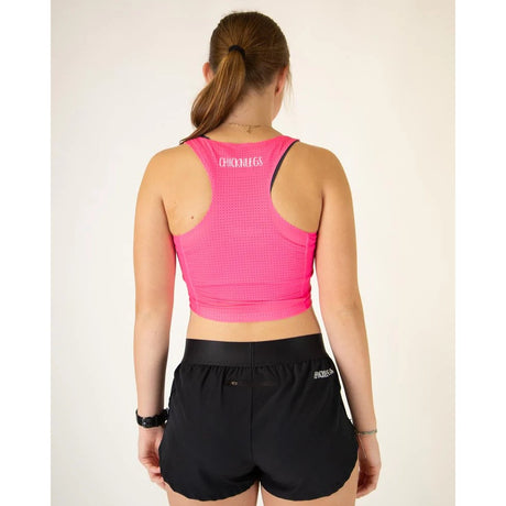 Back view of women's ChicknLegs PWR crop top in neon pink