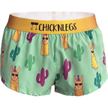 Women's ChicknLegs 1.5" split running shorts in green llamas print