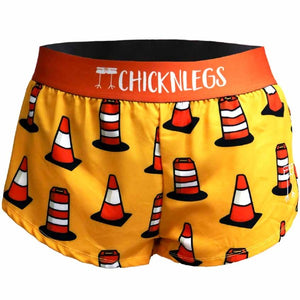 Women's ChicknLegs 1.5" split running shorts in traffic cones print