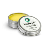 Silver tin of 'climb on!' salve crème with lid off