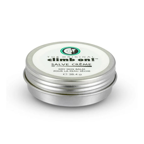 Silver tin of 'climb on!' salve crème