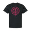 Black t-shirt with pink graphic design on a white background