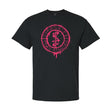 Black t-shirt with pink graphic design on a white background