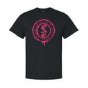 Black t-shirt with pink graphic design on a white background