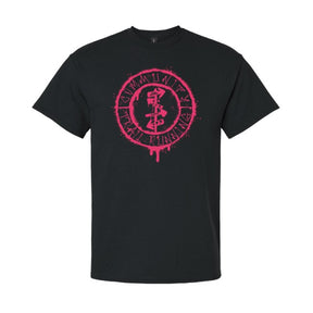Black t-shirt with pink graphic design on a white background