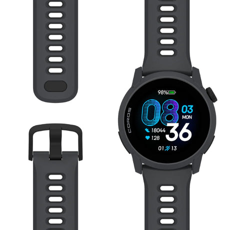 Black Coros Pace 4 GPS watch with silicone strap flat lay