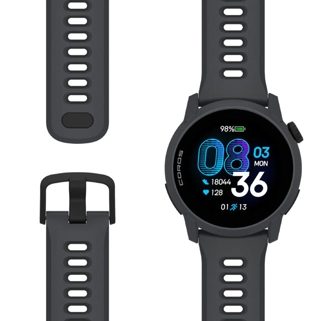 Black Coros Pace 4 GPS watch with silicone strap flat lay