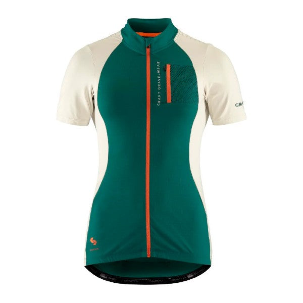 Front view of women's Craft ADV gravel short-sleeve bike jersey in twig/plaster colour