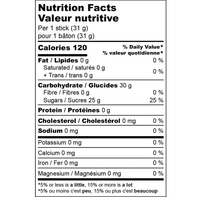 Nutrition facts for original Dig Deep carb sticks