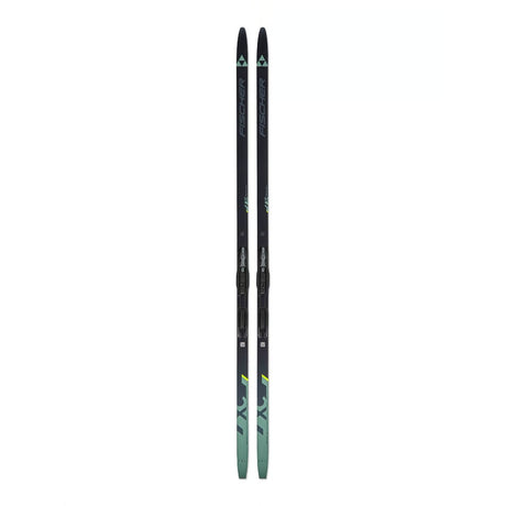 Top view of pair of Fischer Twin Skin Sport mounted cross-country skis