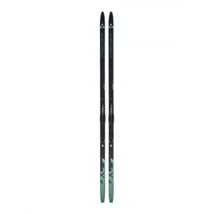 Top view of pair of Fischer Twin Skin Sport mounted cross-country skis