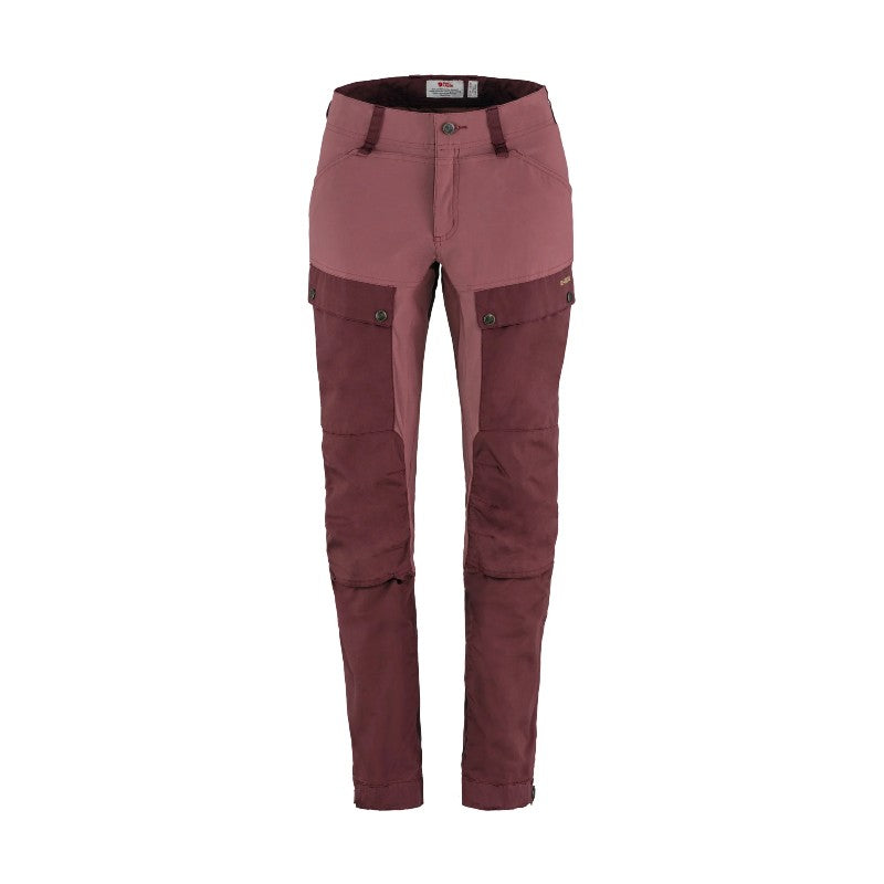 Front view of women's port/mesa purple fjallraven keb trousers curved