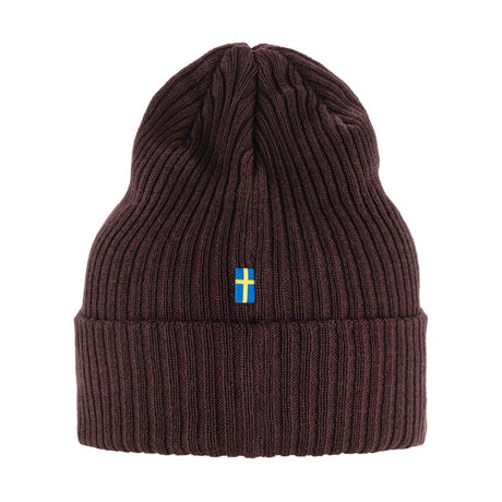 Back view of maroon Fjallraven rib knit beanie