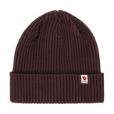 Flat lay of maroon Fjallraven rib knit beanie