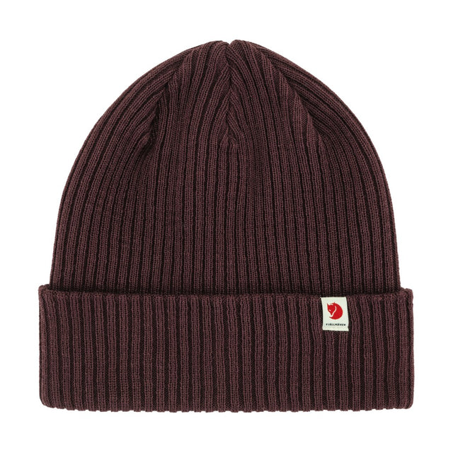 Flat lay of maroon Fjallraven rib knit beanie