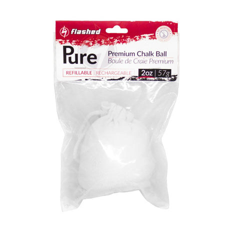 Flashed 2oz refillable climbing chalk ball in package