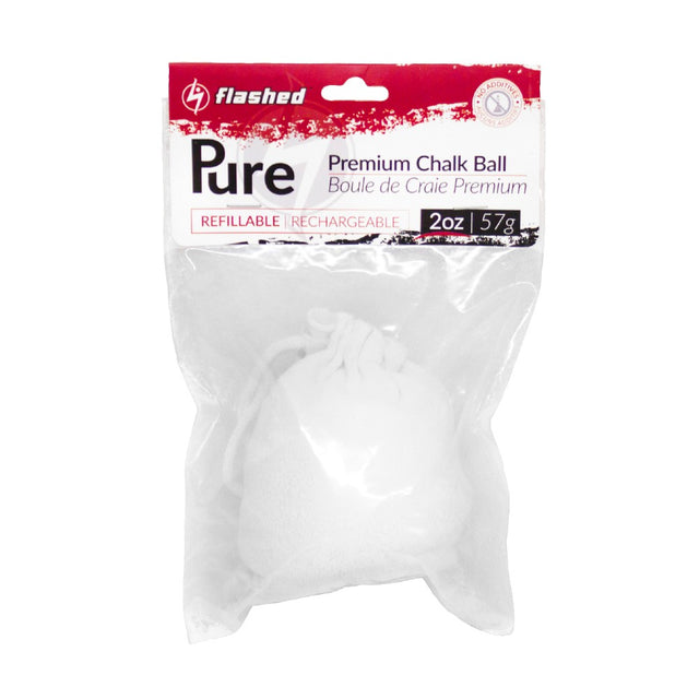 Flashed 2oz refillable climbing chalk ball in package
