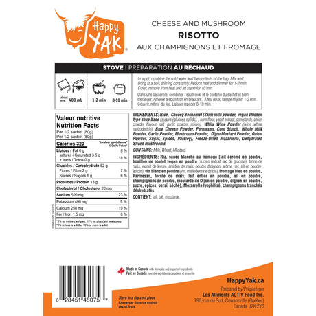 Nutritional information for Happy Yak cheese & mushroom risotto freeze-dried meal
