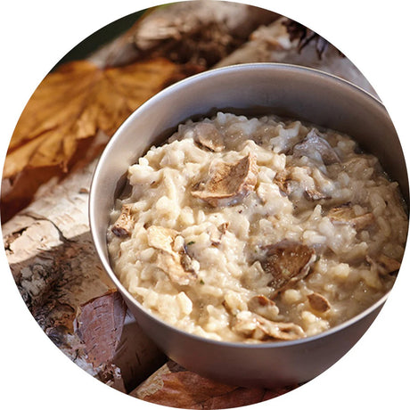 Bowl of cooked Happy Yak cheese & mushroom risotto freeze-dried meal