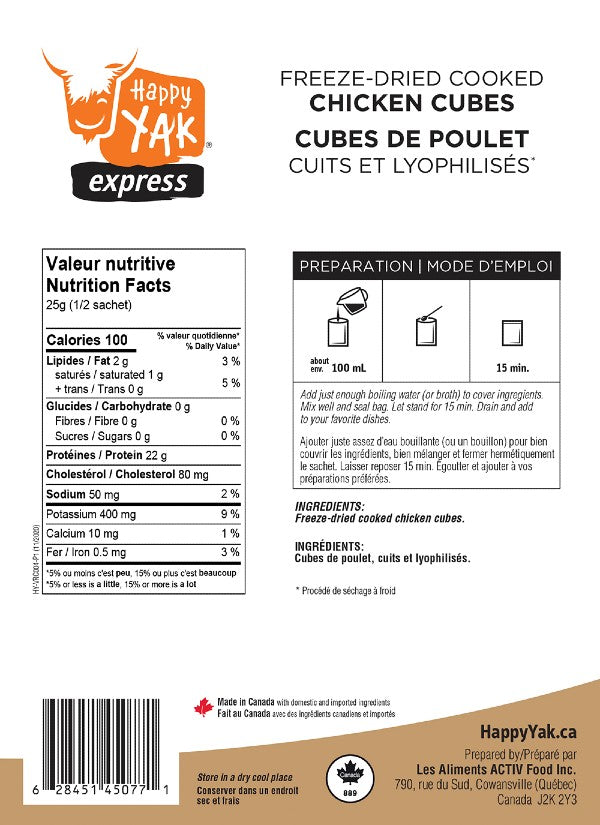 Ingredients and prep for happy yak freeze-dried chicken cubes