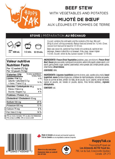 Ingredients and instructions for happy yak freeze-dried beef stew meal