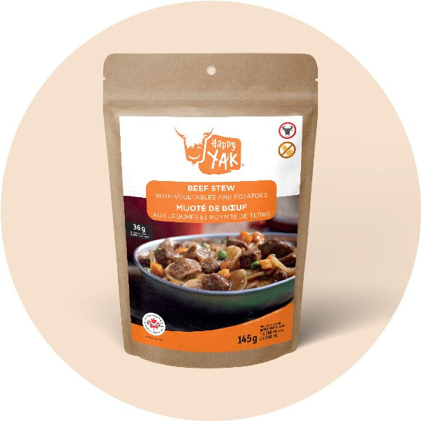 Package of happy yak freeze-dried beef stew