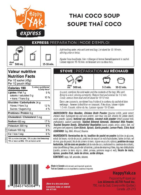 Ingredients list of happy yak coconut thai freeze-dried soup