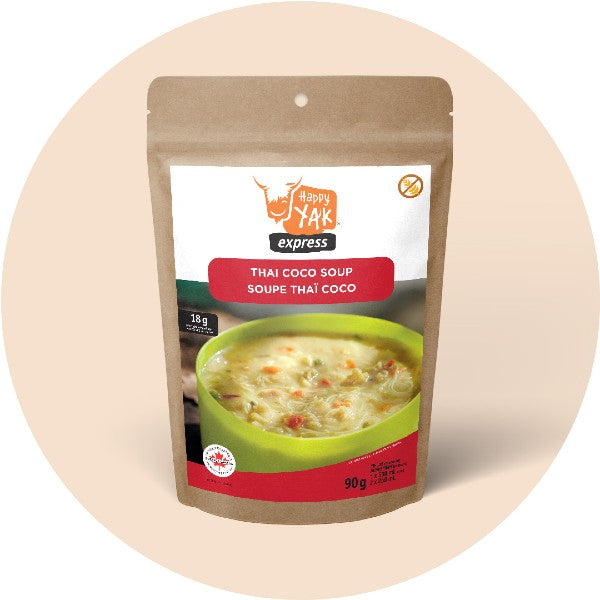 Package of happy yak coconut thai soup freeze-dried soup