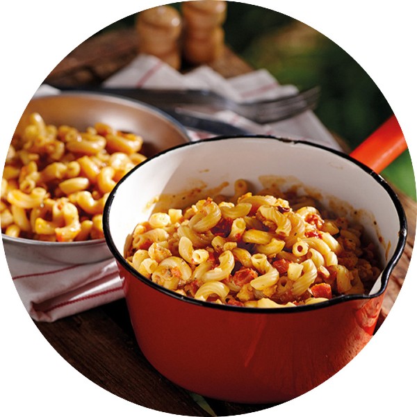 Prepared view of happy yak freeze-dried macaroni and cheese meal