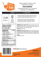 Ingredients and directions for happy yak freeze-dried macaroni and cheese