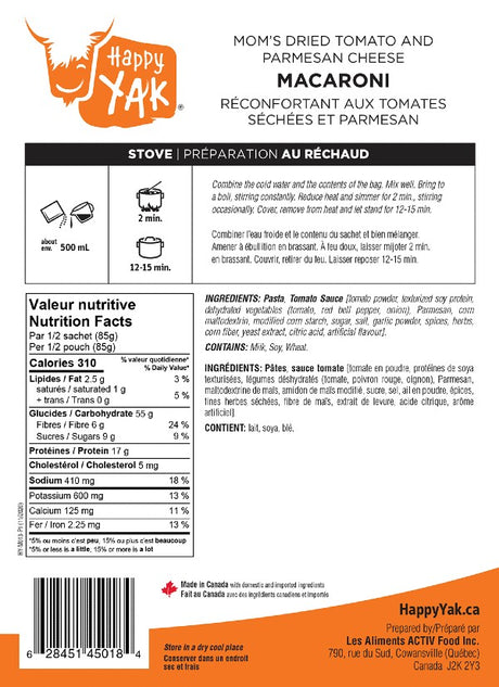 Ingredients and directions for happy yak freeze-dried macaroni and cheese