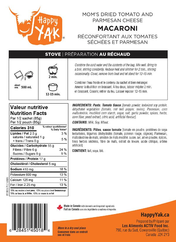 Ingredients and directions for happy yak freeze-dried macaroni and cheese