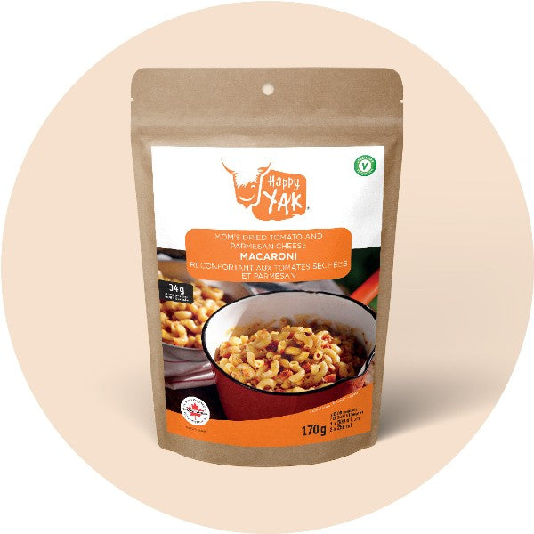 Package of happy yak freeze-dried macaroni and cheese meal