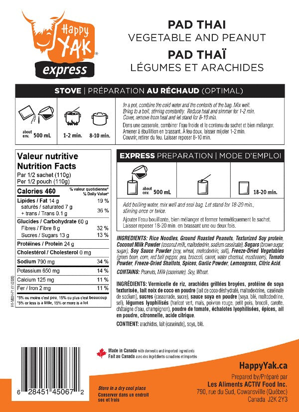 Ingredients view of happy yak pad thai freeze-dried meal